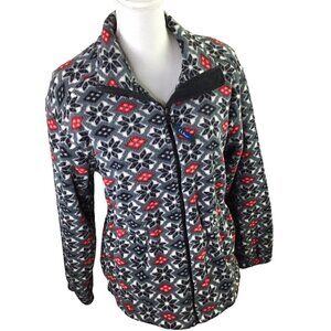 L.L. Bean Fleece Jacket Coat Full Zip Snowflake Adj Waist Pockets Black Red